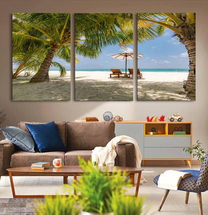 83601-MGV-CV-36X24-Tropical Beach Wall Art – Serene Palm Trees and Lounge Chairs Canvas Print, Relaxing Coastal Decor for Living Room, Bedroom or