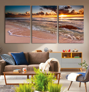 38302-MGV-CV-36X24-Sunset Beach Wall Art – Stunning Ocean Waves and Rock Canvas Print, Warm Coastal Decor for Living Room, Bedroom, Office or Beach