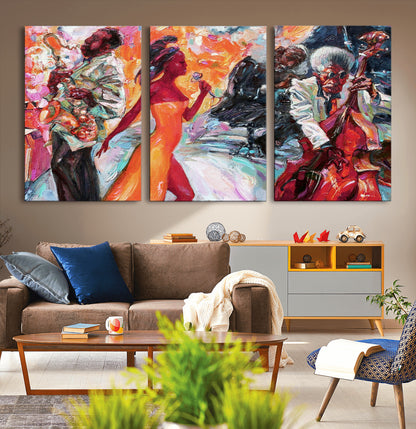 24452-MGV-CV-36X24-Vibrant Jazz Musician Painting - Expressive Art Print of Live Jazz Band, Perfect Wall Decor for Music Lovers and Art Enthusiasts