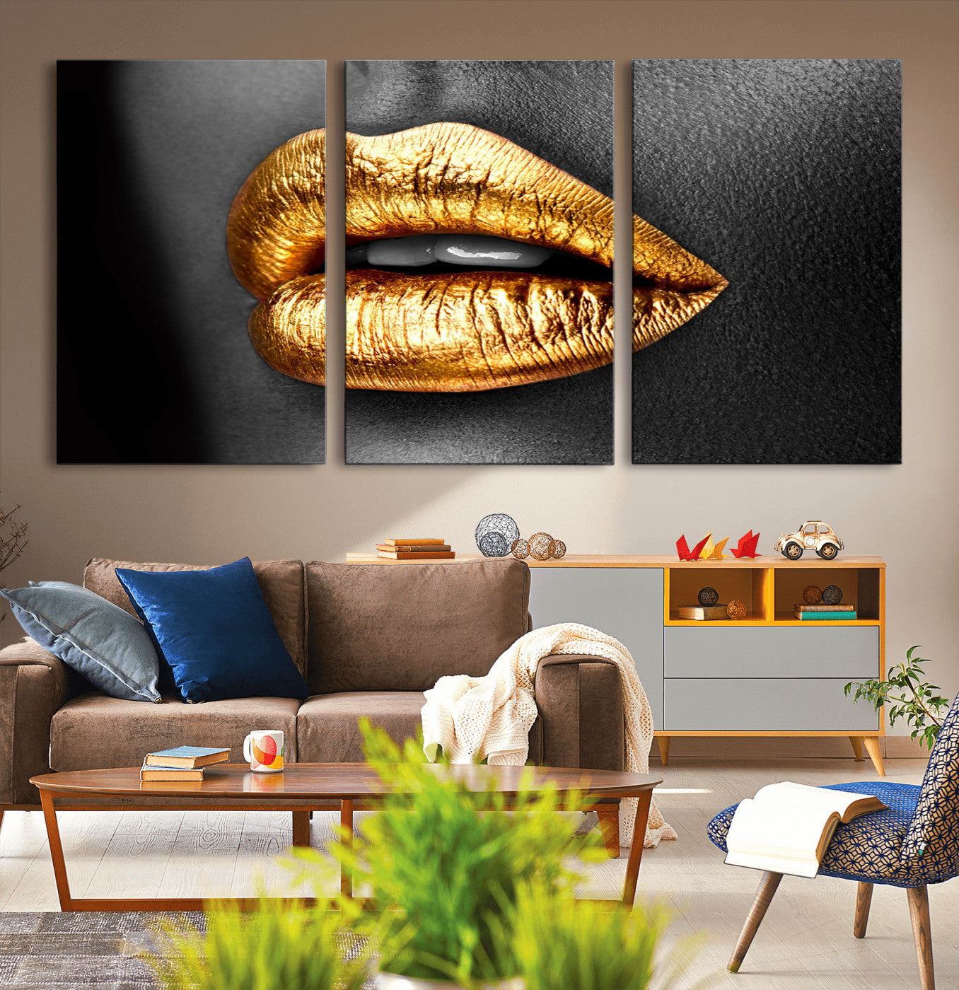 84747-MGV-CV-36X24-Golden Lips Black & White Portrait – Glamorous Metallic Lip Art Print, Modern Wall Decor for Bedroom, Beauty & Fashion Lover Gift