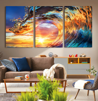 52890-MGV-CV-60X30-3P-Surfing Wave Wall Art Canvas Print, Framed Sunset Ocean Art Picture Print, Ocean Wave Perfect Nautical Decor Artwork
