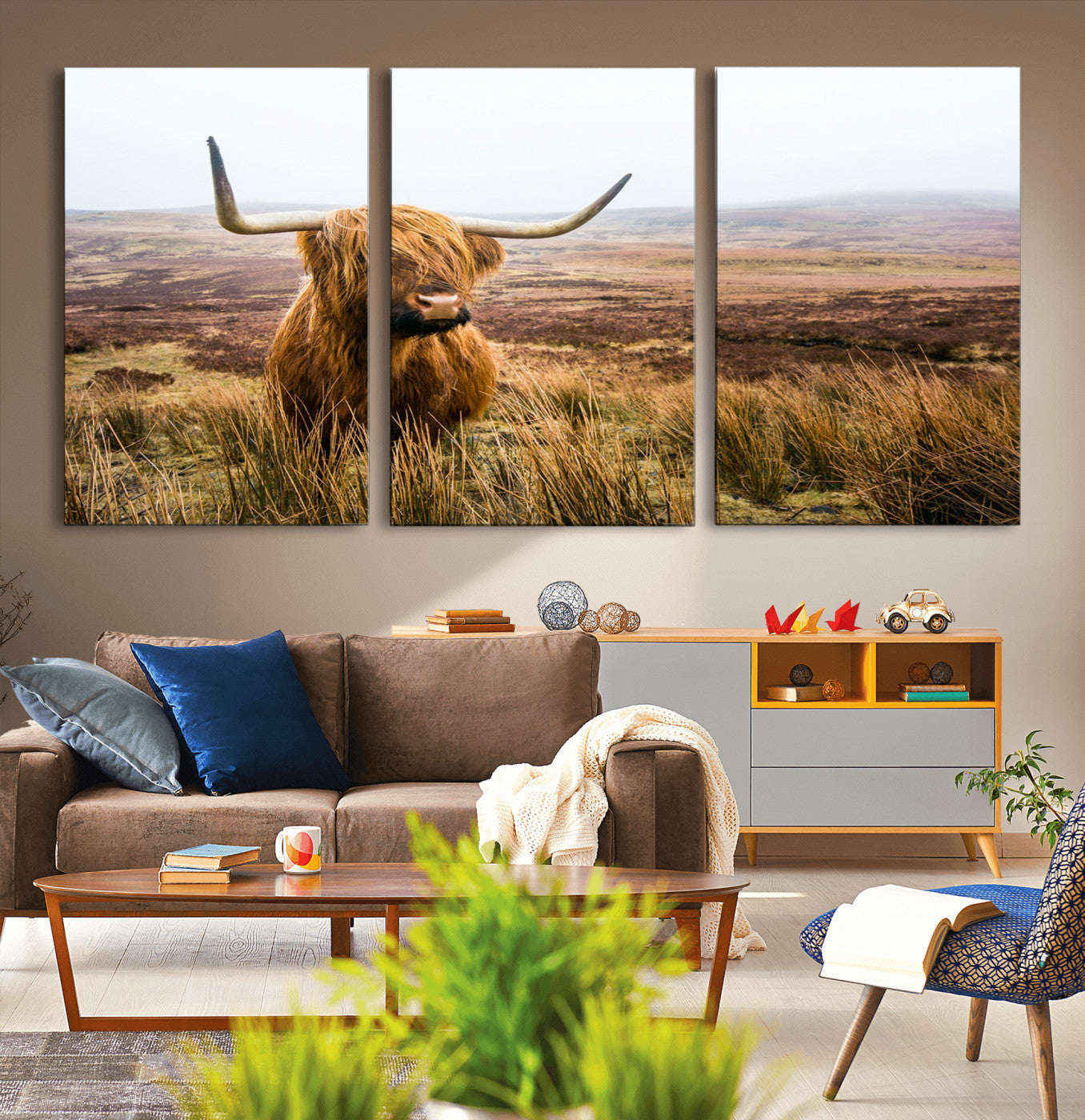 79391-MGV-CV-36X24-Majestic Highland Cow in Misty Scottish Moorland – Rustic Natural Charm, Perfect for Unique Home or Office Decor