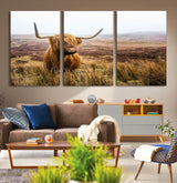 79391-MGV-CV-36X24-Majestic Highland Cow in Misty Scottish Moorland – Rustic Natural Charm, Perfect for Unique Home or Office Decor