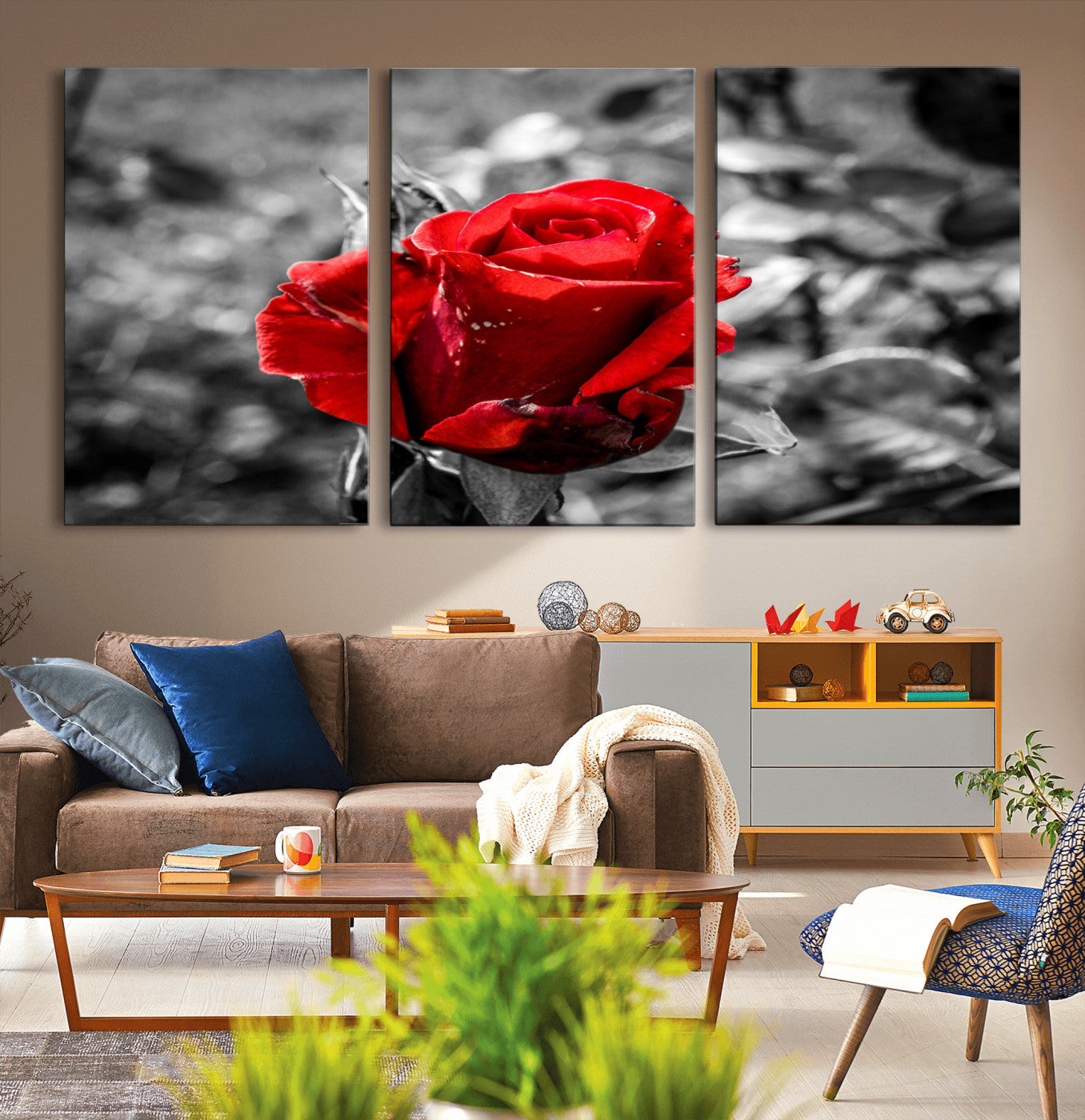 84671-MGV-CV-36X24-Red Rose Wall Art – Vibrant Single Bloom Canvas Print with Black and White Background, Elegant Floral Decor for Living Room,