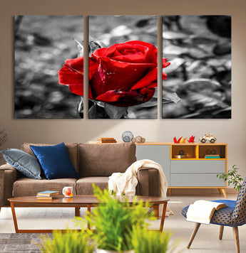84671-MGV-CV-36X24-Red Rose Wall Art – Vibrant Single Bloom Canvas Print with Black and White Background, Elegant Floral Decor for Living Room,
