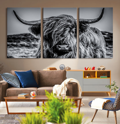 97372-MGV-CV-36X24-Elegant Highland Cow Wall Art – Black and White Canvas Print, Rustic Nature Decor for Home, Office, Living Room or Man Cave