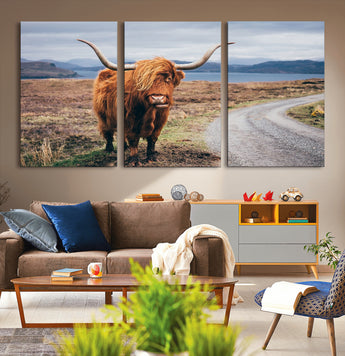 56121-MGV-CV-36X24-Rustic Highland Cow Wall Art – Panoramic Nature Canvas Print, Perfect Decor for Home, Office, Living Room or Man Cave