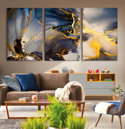 42100-MGV-CV-36X24-Golden Flow Abstract Wall Art – Panoramic Modern Blue and Gold Canvas Print, Contemporary Artistic Decor for Home, Office