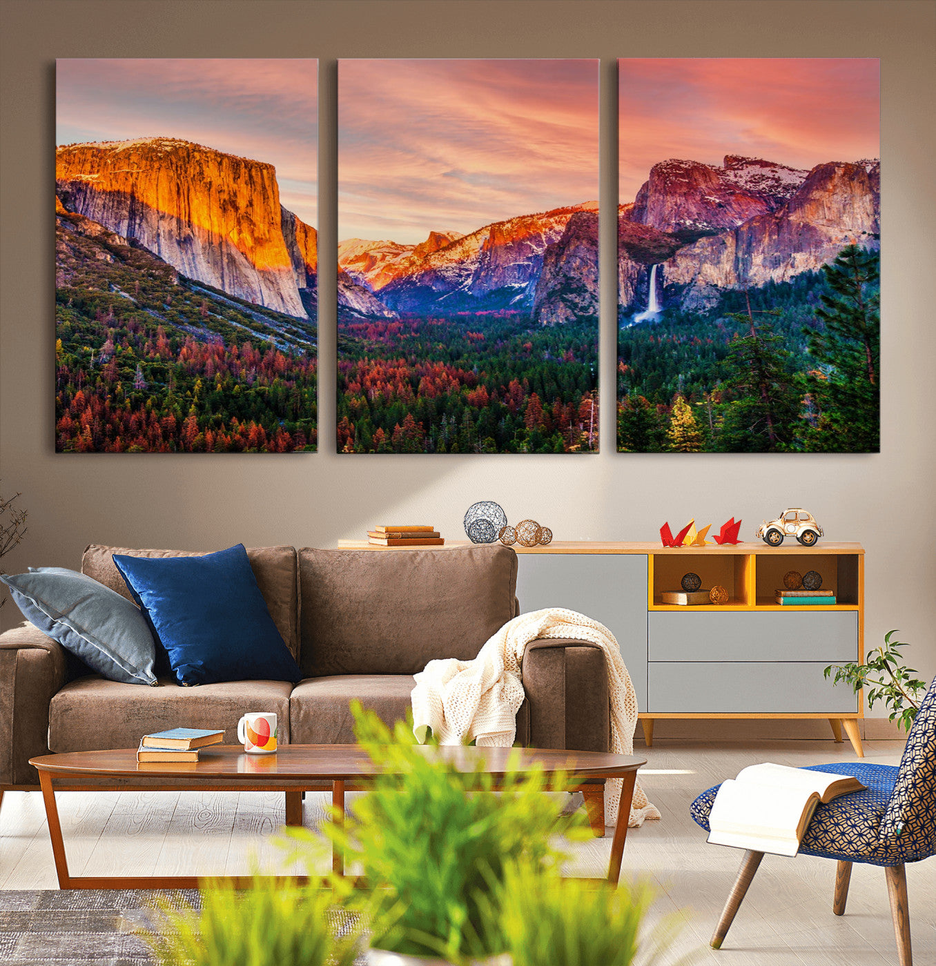 24519-MGV-CV-36X24-Yosemite Valley Sunset Wall Art – Majestic Mountain Landscape with Waterfall and Vibrant Sky, Nature Photography for Home or