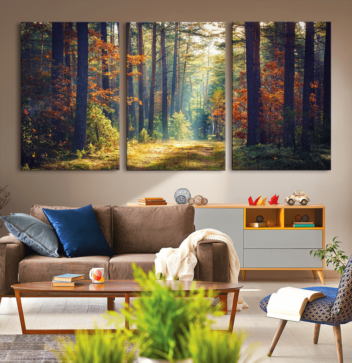 86249-MGV-CV-36X24-Sunlit Autumn Forest Path Wall Art – Peaceful Nature Scene with Fall Foliage, Calming Woods Decor for Home or Office