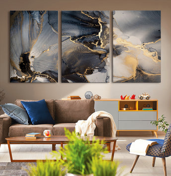 24068-MGV-CV-36X24-Luxury Abstract Wall Art – Gold & Gray Fluid Ink Painting Canvas, Modern Metallic Home Decor, Elegant Office or Living Room Accent