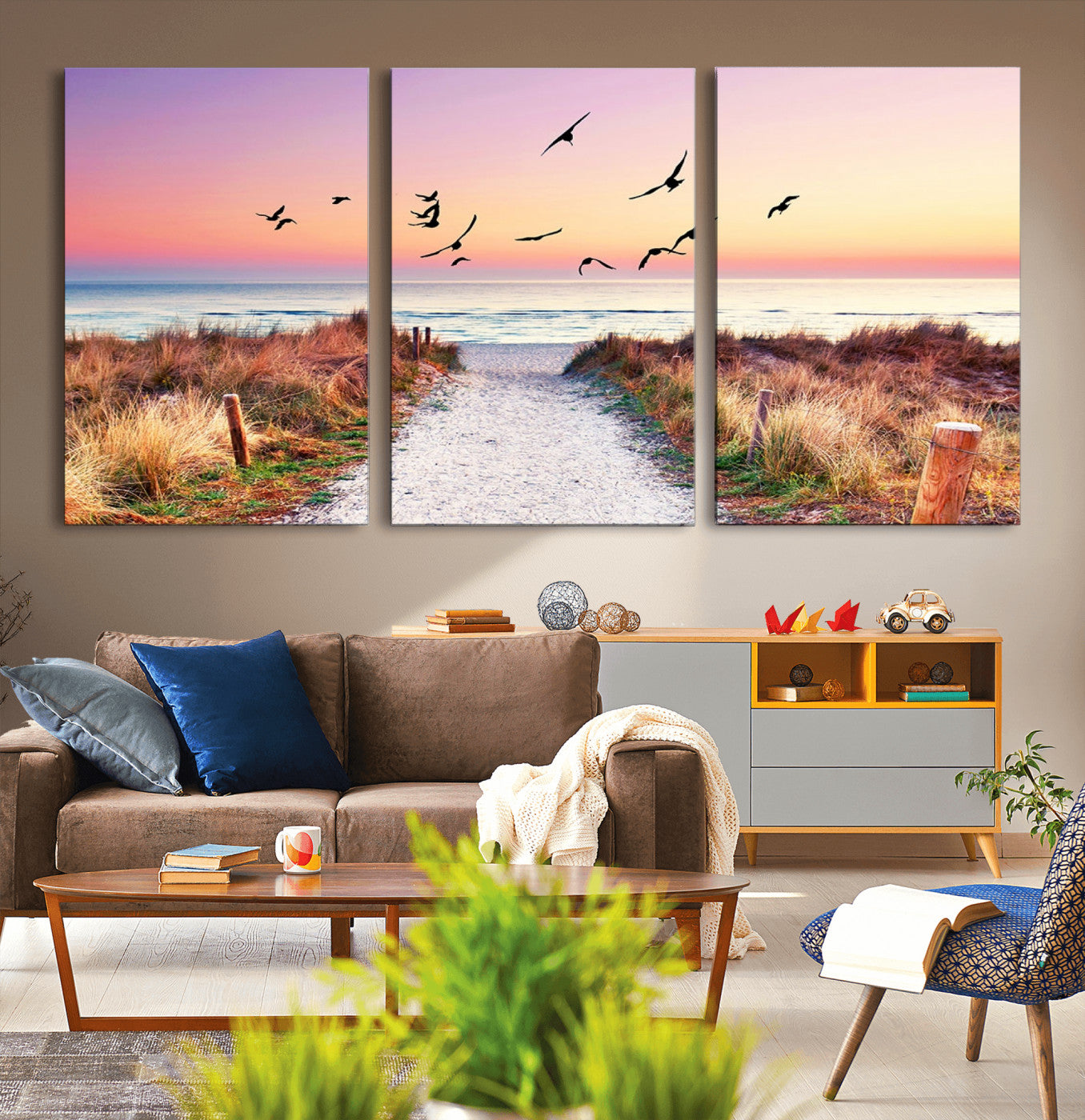 54411-MGV-CV-36X24-Beach Path with Birds Wall Art – Coastal Sunset Ocean Canvas Print, Seaside Nature Landscape Photography for Living Room, Bedroom