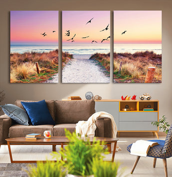 54411-MGV-CV-36X24-Beach Path with Birds Wall Art – Coastal Sunset Ocean Canvas Print, Seaside Nature Landscape Photography for Living Room, Bedroom