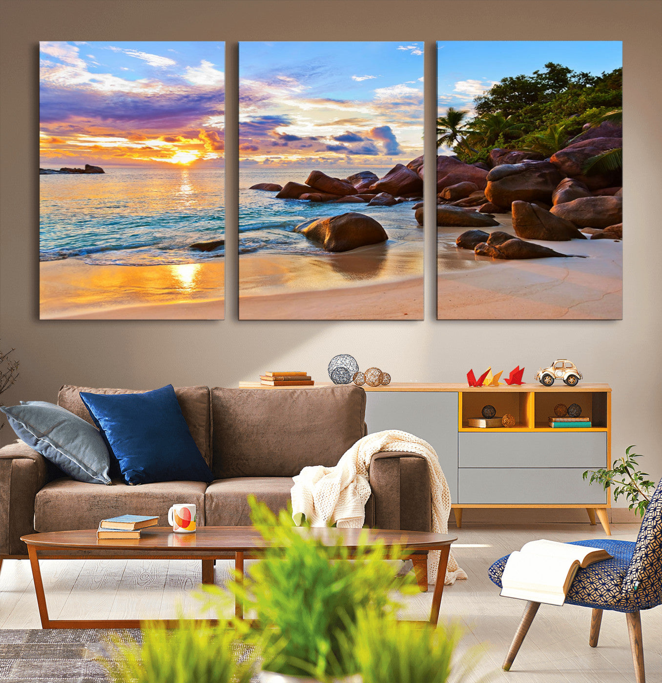 43209-MGV-CV-36X24-Tropical Beach Sunset Wall Art – Golden Ocean Waves and Palm Trees with Rocky Shore Canvas Print, Coastal Seascape Decor for