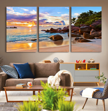 43209-MGV-CV-36X24-Tropical Beach Sunset Wall Art – Golden Ocean Waves and Palm Trees with Rocky Shore Canvas Print, Coastal Seascape Decor for