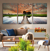 29105-MGV-CV-36X24-Rustic Wooden Bridge Wall Art – Scenic Sunset Over Rice Fields and Reflective Water Canvas Print, Nature Landscape Decor for