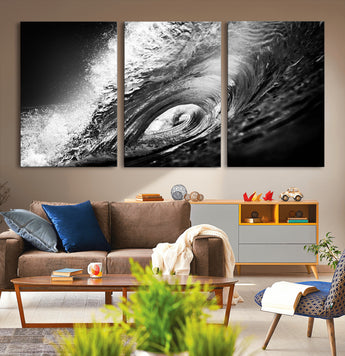 22702-MGV-CV-36X24-Black and White Ocean Wave Wall Art – Powerful Surf Curl Photography Canvas Print, Modern Coastal Decor for Living Room, Office or