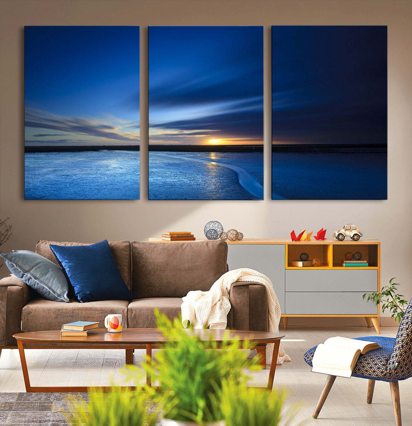 65405-MGV-CV-36X24-Blue Sunrise Seascape Wall Art – Tranquil Ocean Horizon Canvas Print with Golden Sunlight and Deep Sky, Coastal Landscape Decor