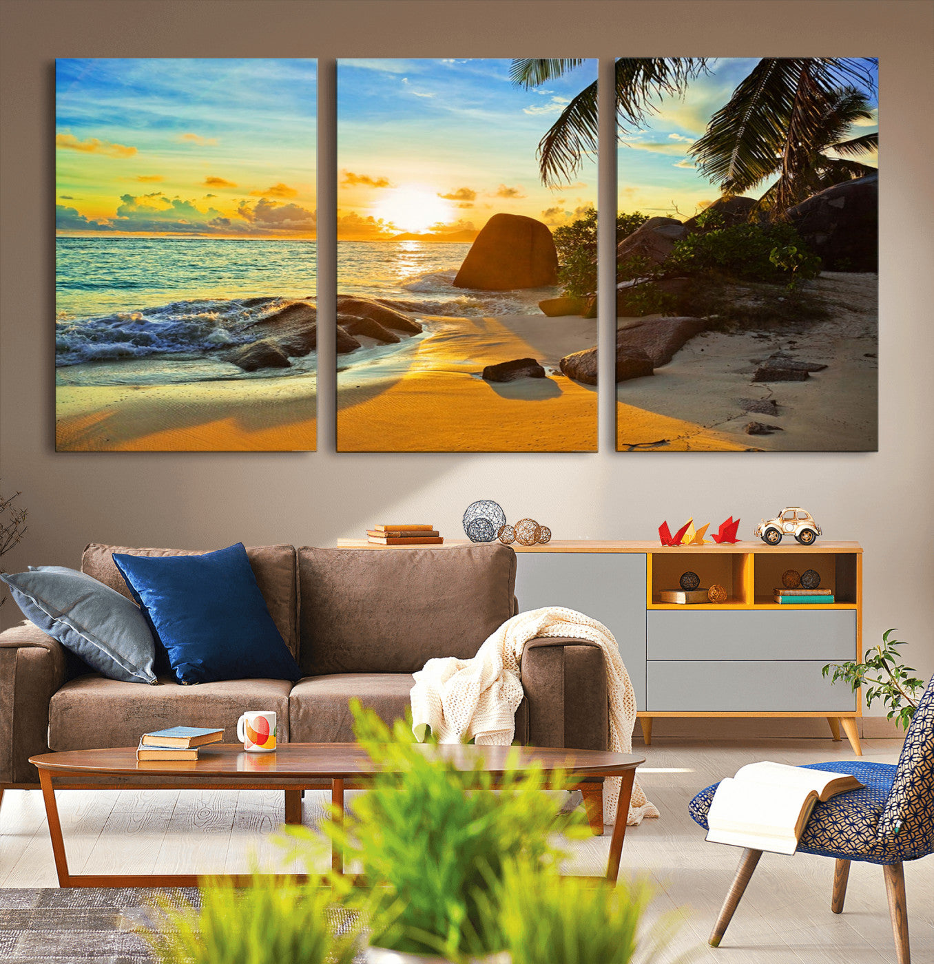 26181-MGV-CV-36X24-Golden Tropical Sunset Beach Wall Art – Ocean Canvas Print with Palm Trees and Rocks, Coastal Paradise Decor for Living Room or