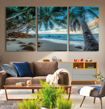 39679-MGV-CV-36X24-Tropical Palm Beach Wall Art – Serene Ocean Canvas Print with Palm Trees and Rocks, Coastal Paradise Decor for Living Room or