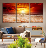 60211-MGV-CV-36X24-Fiery Sunset Ocean Wall Art – Red Sky Seascape Canvas Print with Waves, Bold Coastal Sunset Decor for Living Room or Bedroom