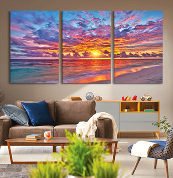 72836-MGV-CV-36X24-Fiery Sunset Beach Wall Art – Panoramic Vibrant Ocean Canvas Print, Dramatic Coastal Decor for Living Room, Bedroom or Office