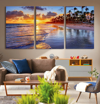 19917-MGV-CV-36X24-Tropical Sunset Beach Wall Art – Panoramic Palm Trees and Ocean Canvas Print, Vibrant Coastal Decor for Living Room, Office or Man