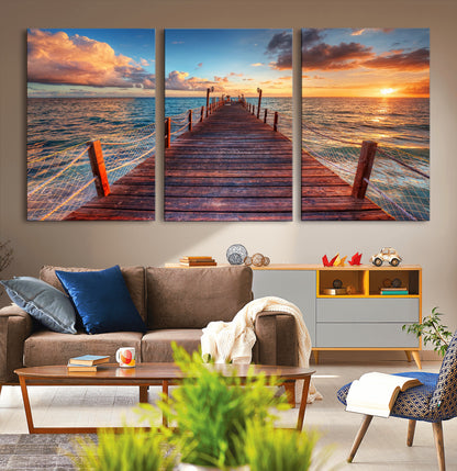 28836-MGV-CV-36X24-Ocean Pier Sunset Wall Art – Wooden Dock and Golden Horizon Canvas Print, Coastal Seascape Photography for Living Room, Bedroom,
