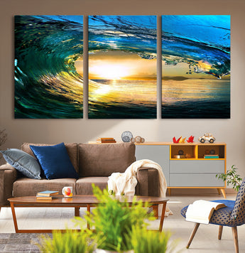 19378-MGV-CV-36X24-Ocean Wave Sunset Wall Art – Vibrant Surf and Golden Horizon Canvas Print, Coastal Seascape Photography for Living Room, Bedroom,