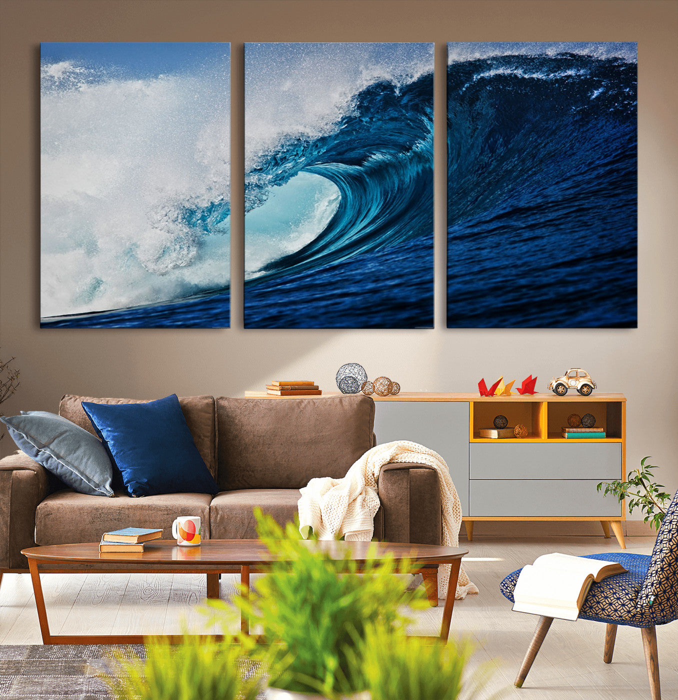89502-MGV-CV-36X24-Powerful Ocean Wave Wall Art – Panoramic Blue Sea Wave Canvas Print, Coastal Surf Photography Artwork for Living Room, Bedroom, or