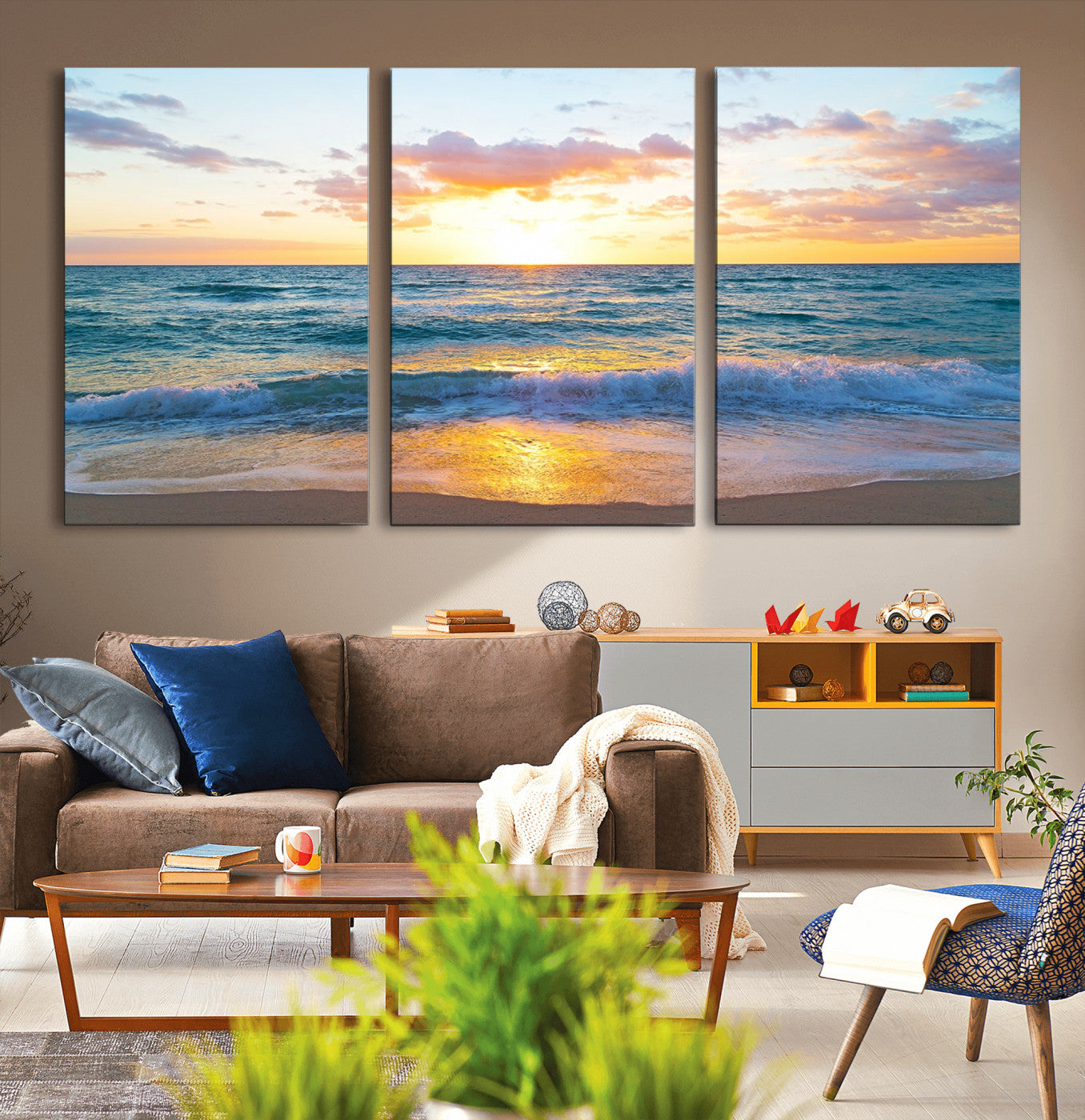 78006-MGV-CV-36X24-Golden Sunrise Ocean Wall Art – Panoramic Beach Waves Canvas Print, Coastal Seascape Artwork for Living Room, Bedroom, Office, or