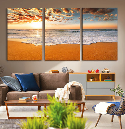 15399-MGV-CV-36X24-Golden Sunrise Beach Wall Art – Ocean Waves on Sandy Shore Canvas Print, Coastal Seascape Decor for Living Room or Bedroom