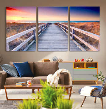 60625-MGV-CV-36X24-Beach Boardwalk Sunrise Wall Art – Coastal Pathway to Ocean Canvas Print, Seaside Landscape Decor for Home or Office