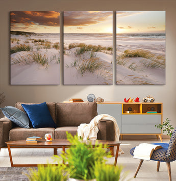 61246-MGV-CV-36X24-Coastal Sand Dunes Wall Art – Serene Beach Sunset Canvas Print with Grasses and Ocean View, Tranquil Seaside Decor for Living Room