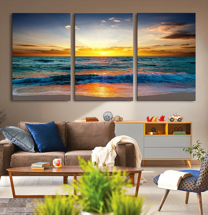 50627-MGV-CV-36X24-Ocean Sunset Wall Art – Serene Beach Canvas Print with Waves and Golden Sky, Coastal Decor for Living Room or Office