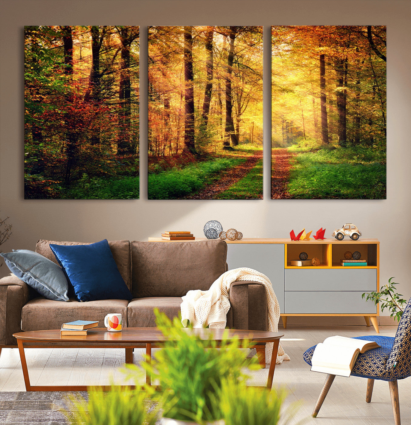 73494-MGV-CV-36X24-Golden Autumn Forest Path Wall Art – Sunlit Woodland Canvas Print, Fall Nature Landscape Home Decoration