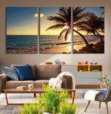 82710-MGV-CV-36X24-Palm Tree Sunset Beach Wall Art – Tropical Ocean Canvas Print, Coastal Paradise Seascape Decor for Living Room or Office Wall