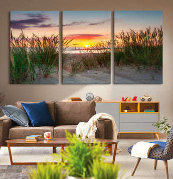 25576-MGV-CV-36X24-Beach Grass Sunset Wall Art – Coastal Sand Dune Landscape Canvas Print, Ocean View Nature Decor for Living Room or Office Wall