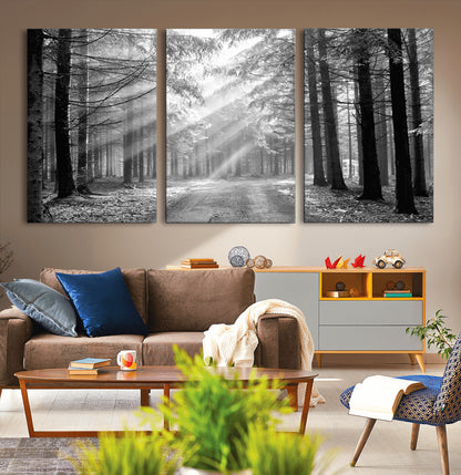 39665-MGV-CV-36X24-Black and White Forest Path Wall Art – Sunlight Rays in Trees Canvas Print, Nature Landscape Decor for Living Room or Office