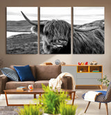 83810-MGV-CV-36X24-Highland Cow Wall Art – Black and White Highland Cattle Print, Rustic Farmhouse Animal Decor for Living Room