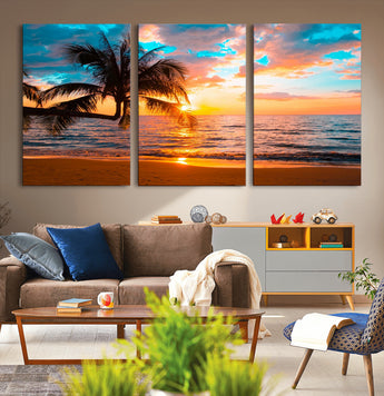 34674-MGV-CV-36X24-Tropical Sunset Beach Wall Art – Palm Tree Ocean Canvas Print, Coastal Seascape Decor for Living Room or Office Wall