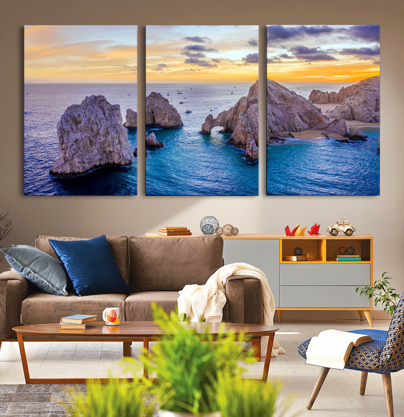72955-MGV-CV-36X24-Ocean Rock Formation Wall Art – Sunset Coastal Seascape Print, Beach Landscape Decor for Living Room or Office