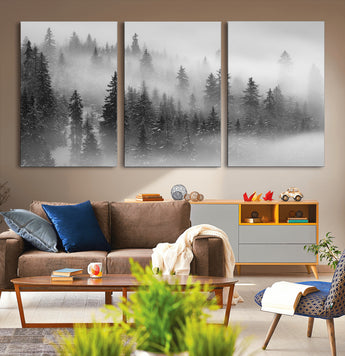 57235-MGV-CV-36X24-Misty Pine Forest Wall Art – Black and White Mountain Landscape Canvas Print, Nature Woodland Decor for Living Room, Bedroom or