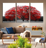 80021-MGV-CV-36X24-Red Tree Wall Art – Striking Black and White Landscape Canvas Print with Vibrant Red Leaves, Modern Nature Decor for Living Room