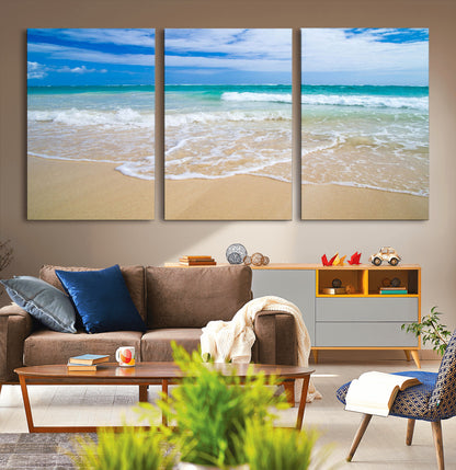 20660-MGV-CV-36X24-Ocean Wave Beach Wall Art – Serene Blue Sea and Sandy Shore Canvas Print, Coastal Landscape Photography Decor for Living Room or