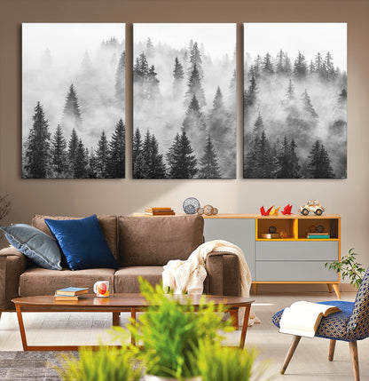 10422-MGV-CV-36X24-Misty Pine Forest Wall Art – Black and White Foggy Landscape Canvas Print, Serene Nature Woodland Decor for Bedroom, Office or