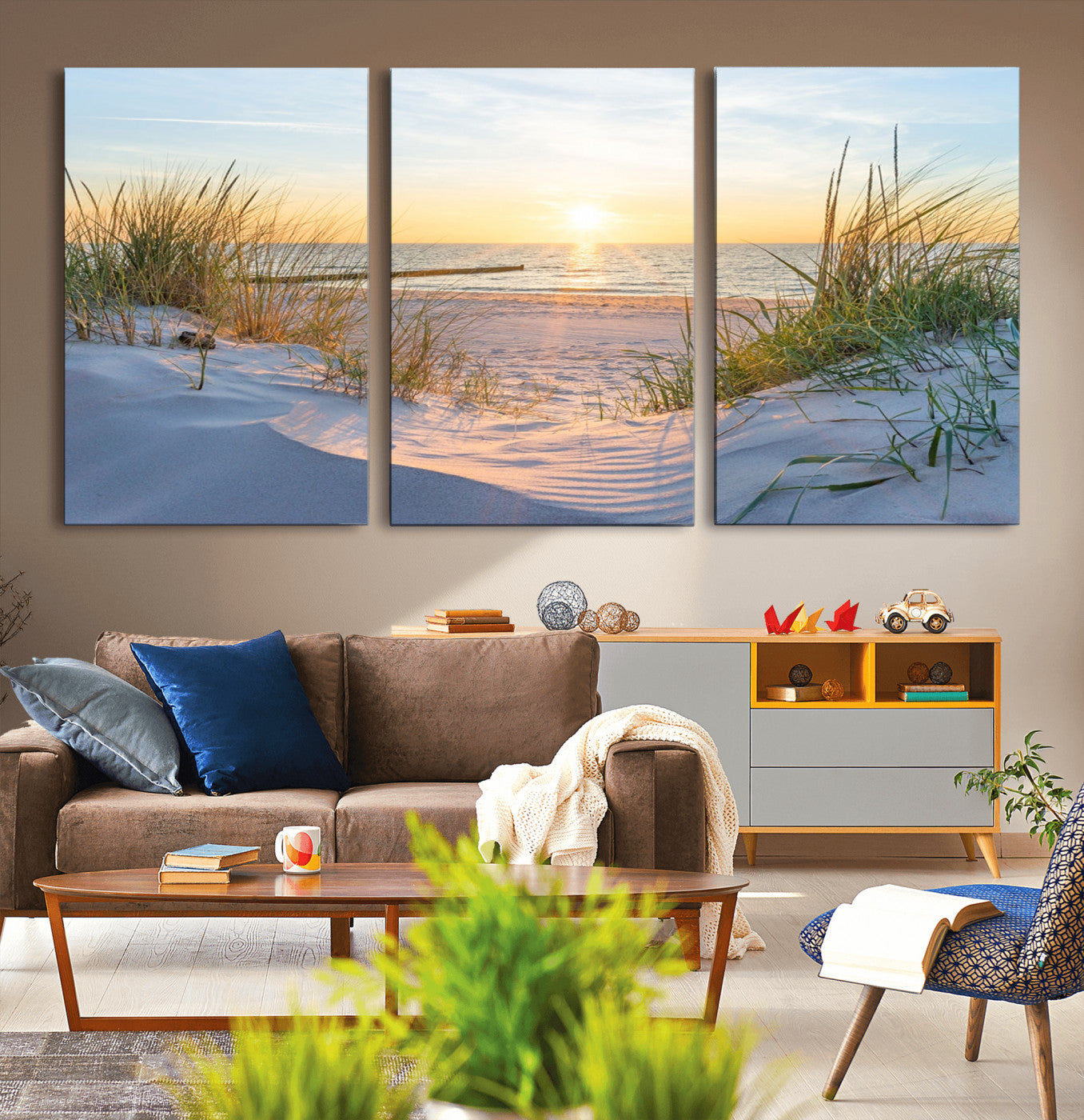 48907-MGV-CV-36X24-Beach Sunset Wall Art – Coastal Sand Dunes and Ocean View Canvas Print, Serene Seaside Landscape Painting for Living Room, Bedroom