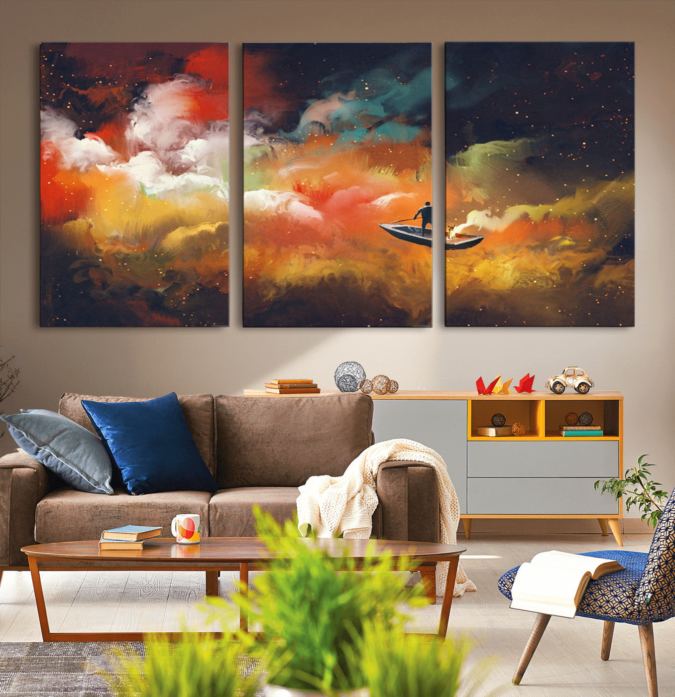 45085-MGV-CV-36X24-Surreal Cosmic Wall Art – Abstract Galaxy Dreamscape Canvas Print with Man and Dog in Boat, Fantasy Nebula Painting for Living