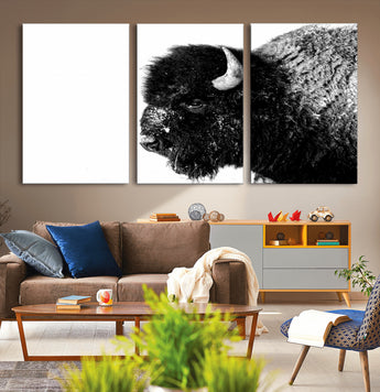 68780-MGV-CV-36X24-Bison Close-Up Wall Art – Black and White Buffalo Canvas Print, Rustic Wildlife Photography Decor for Living Room, Office, or