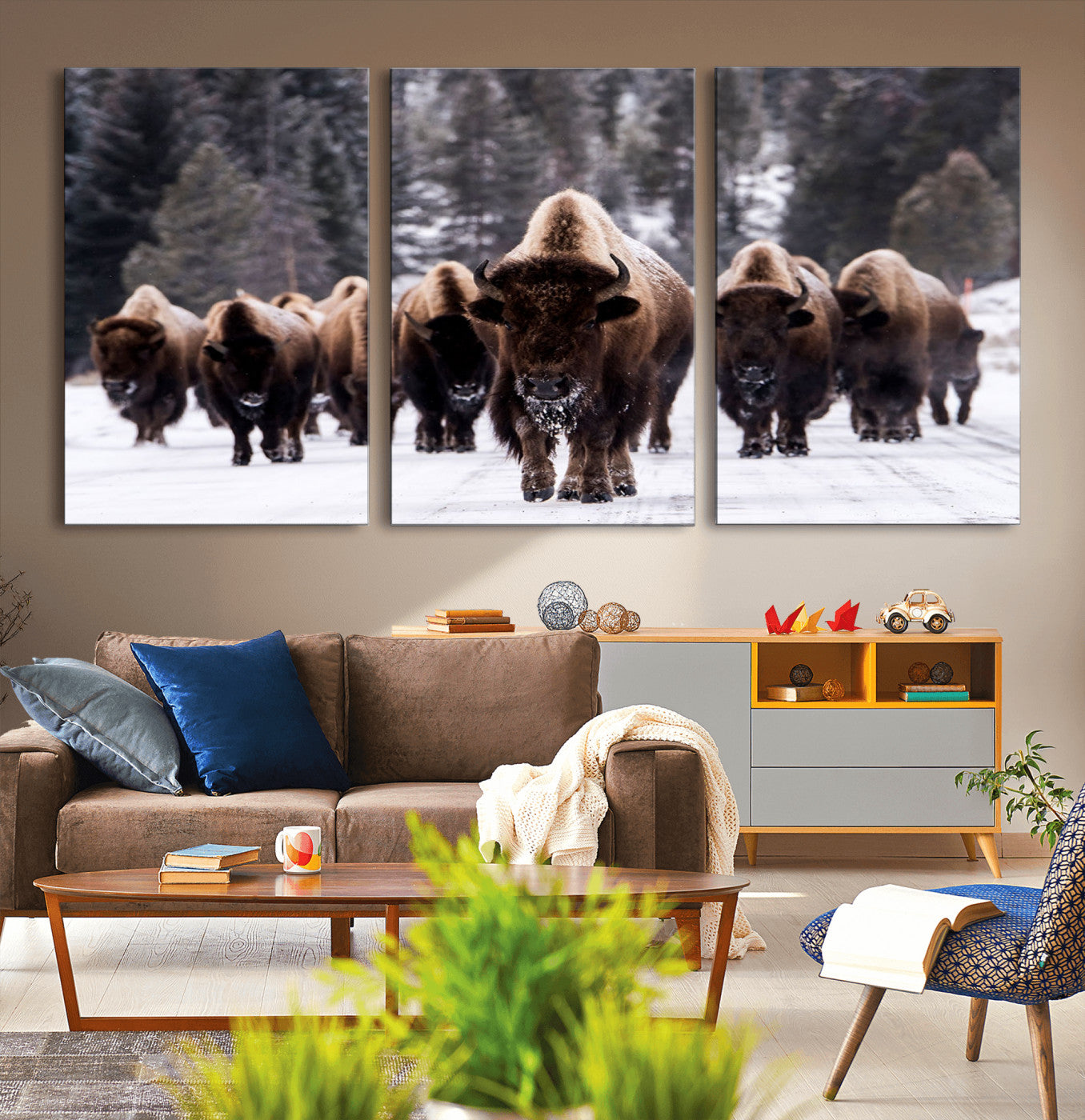 66871-MGV-CV-36X24-Bison Herd Wall Art – Wildlife Buffalo Canvas Print, Rustic Western Nature Photography Decor for Living Room, Office, Cabin, or